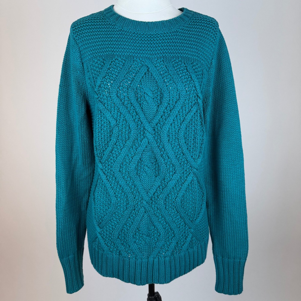 Lands End Drifter Teal Cotton Chunky Cable Knit Sweater Womens Size Medium 10-12